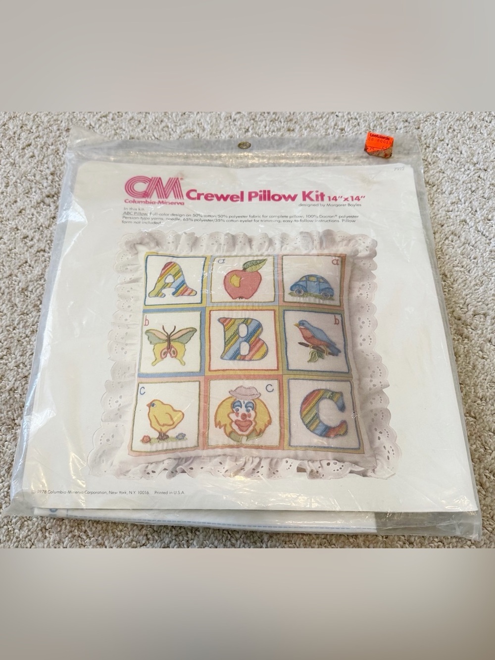 Columbia-Minerva Crewel Pillow Kit #7912 ABC School Teacher Car Bird Clown NEW